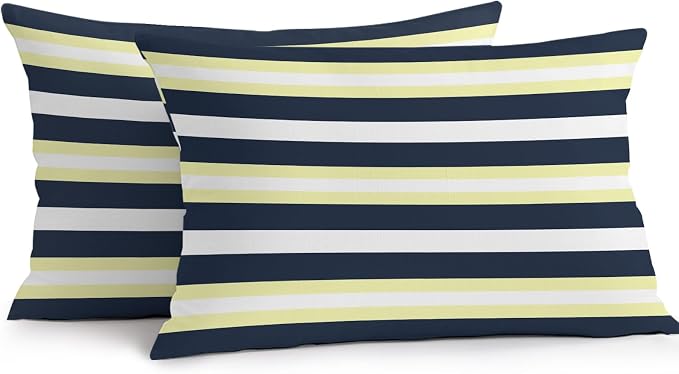 Yellow Navy Blue Striped Outdoor Pillow Covers Waterproof, All Weather Cushion Case Set of 2, Neutral Minimalist Lines Lumbar Pillowcase for Sofa Couch Bed Decor Patio Furniture 20"x12"
