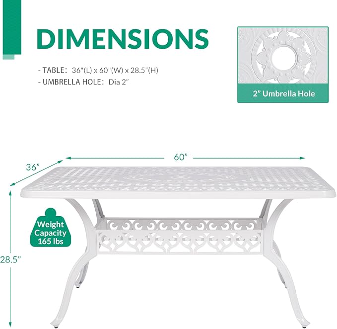 VIVIJASON Outdoor Patio Dining Rectangle Table White Cast Aluminum Rustic Large Patio Table with 2" Umbrella Hole for Garden, Backyard, Deck