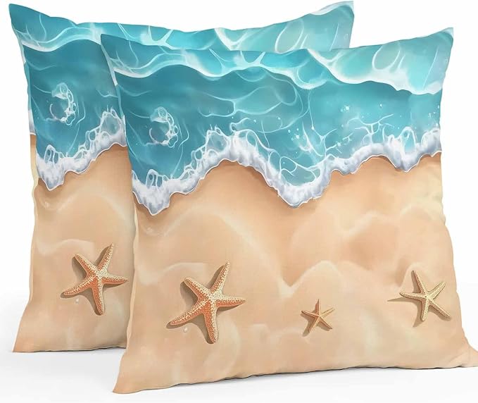 Ocean Beach Waterproof Outdoor Pillow Covers Set of 2 Home Decor, Starfish Sea Waves Coastal Seaside Sand Pillowcase Patio Pillow Covers for Couch Bench Furniture Garden 18x18in