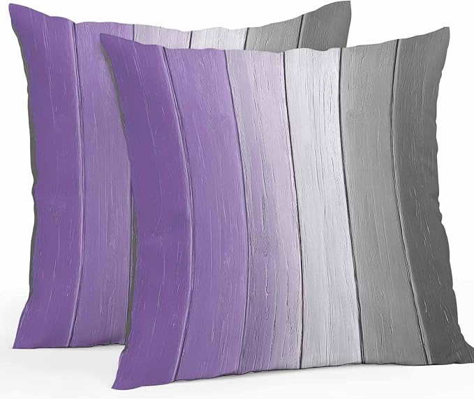 Throw Pillow Covers 18x18 Inch Set of 2, Purple Gray Ombre Waterproof Outdoor Cushion Covers, Vintage Country Wooden Decorative Pillowcases for Couch, Sofa, Bed, Garden, Patio