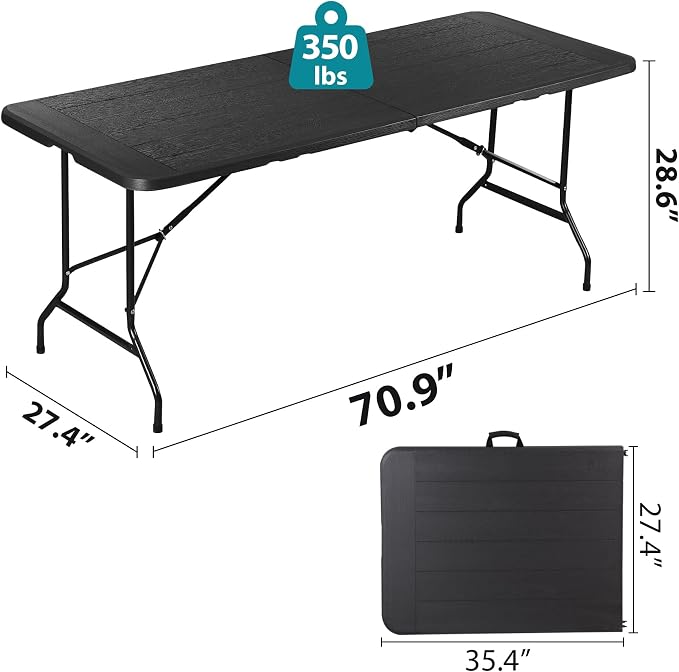 ZENY 6ft Portable Folding Table Plastic Indoor Outdoor Picnic Party Camp Dining Table with Handle (Black, 71" x 27")