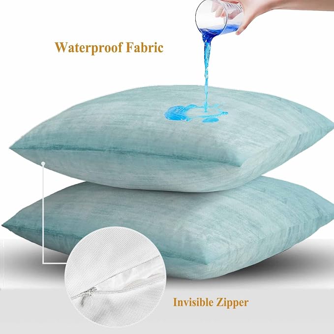 Vandarllin Outdoor Throw Pillows Covers 20x20 inch Set of 2 Waterproof Aqua Linen Decorative Zippered Cushion Covers for Patio Furniture, Solid Color Texture Lumbar Pillowcases