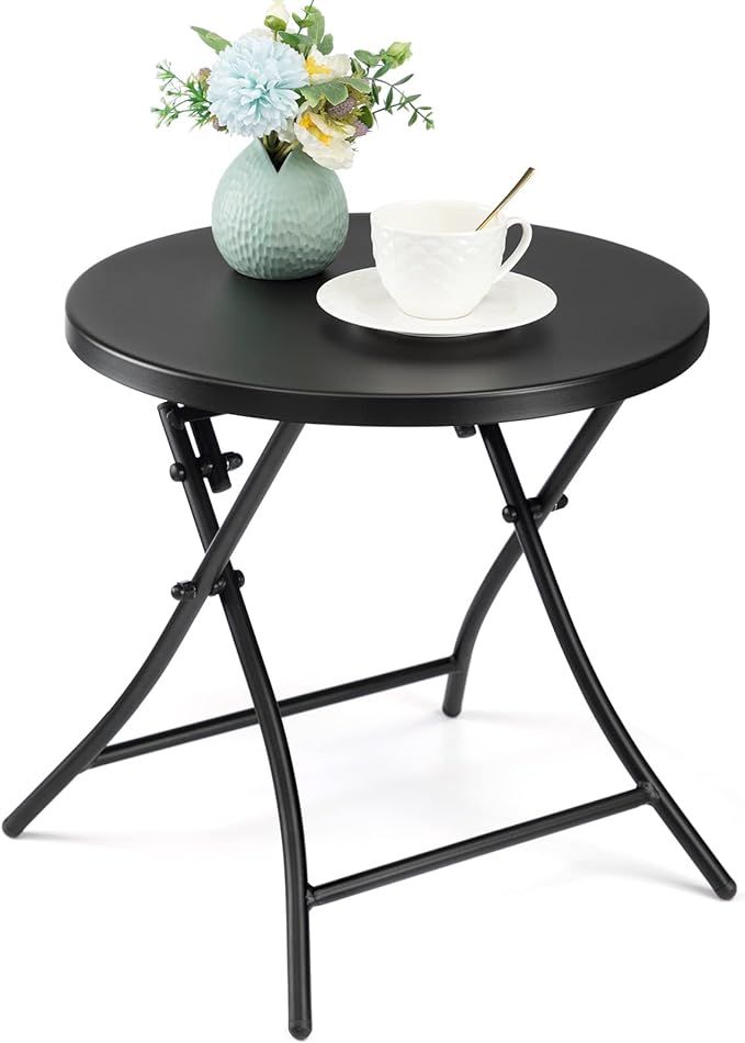Outdoor Side Table, Folding Round Metal End Table, Weather Resistant Small Patio Accent Table for Porch Yard Balcony Deck (All Black)
