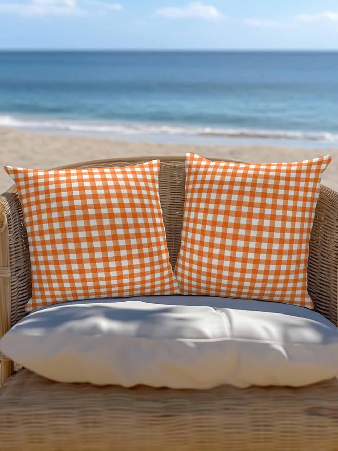 Outdoor Waterproof Throw Pillows Orange Buffalo Plaid Patio Pillows,Decorative Pillow Covers with Insert,Pillow Cushion Case for Garden Couch Sofa Classic Gingham Check Watercolor