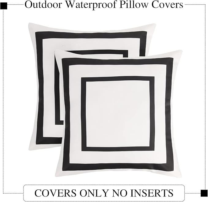 Pyonic Outdoor Waterproof Throw Pillow Covers Geometric Pillowcases Black and White Pillow Covers for Patio Garden Set of 2, 18 X 18 Inches