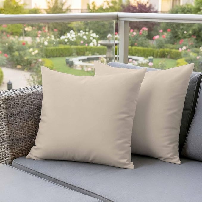 Outdoor Pillow Covers 16 x 16 Inches, Beige Pure Color Waterproof Throw Pillow Cover Set of 2, Aesthetics Contemporary Modern Decorative Square Cushion Covers for Patio/Couch/Garden