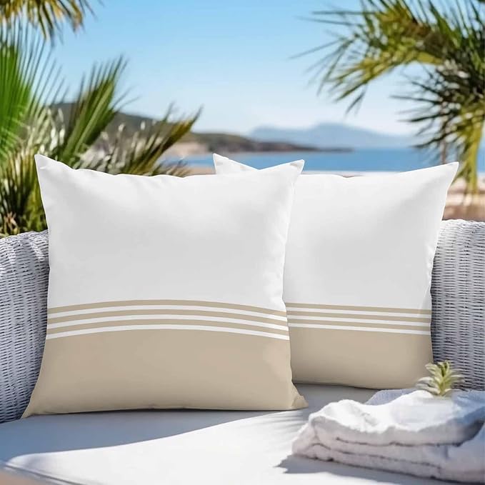 Throw Pillow Covers 20x20 Inch Set of 2, Beige White Striped Waterproof Outdoor Cushion Covers, Modern Abstract Art Aesthetics Decorative Pillowcases for Couch, Sofa, Bed, Garden, Patio