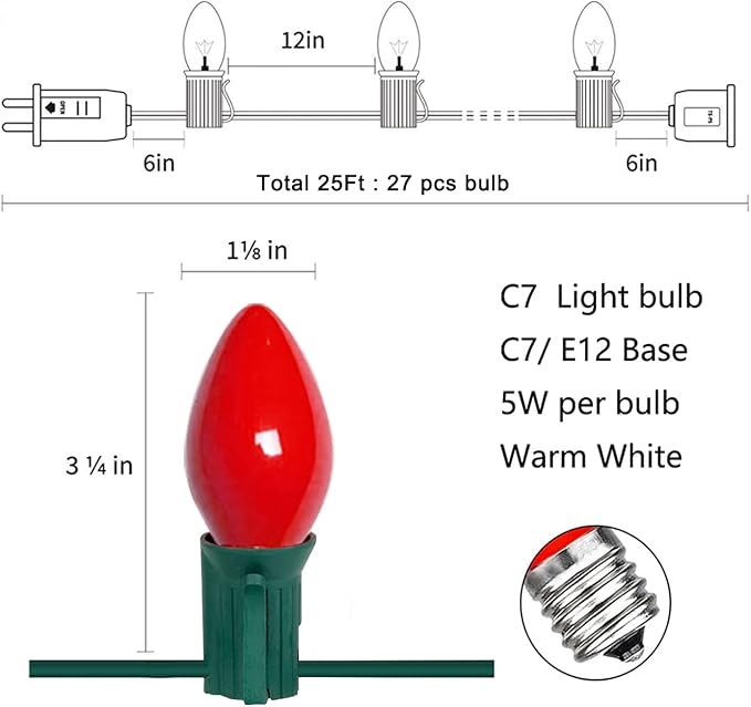 C7 Red Christmas Lights Outdoor, 25Ft C7 Incandescent Christmas Decorations String Lights With 27 Red Ceramic Bulbs, Vintage Christmas Lights for Outdoor Roofline Patio Party Xmas Tree Valentines