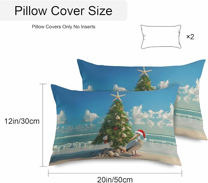 Christmas Outdoor Throw Pillows Covers 20x12 inch Set of 2 Waterproof Christmas Tree Decorative Zippered Cushion Covers for Patio Furniture, Pelican Starfish Shell Beach Wave Lumbar Pillowcases