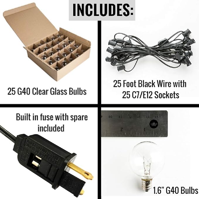 25’ G40 Globe String Lights Set with G40 Clear Light Bulbs and Black Wire | (+ 1 Free Spare) for Outdoor Deck, Patio, Balcony, Awning, Canopy, and Porch Lighting