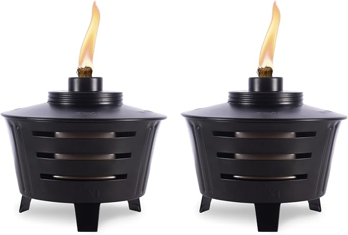 TIKI Mini Fire Pit Tabletop Torch 2-Pack, Outdoor Decorative TIKI Torch for Patio, Backyard, and Garden, Black Metal Tabletop Flame Torch, Includes Long Lasting Wick and Snuffer