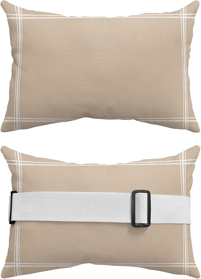 T&H XHome Outdoor Pillow for Chaise Lounge Chair, Solid Color Light Khaki Waterproof Headrest Pillow Lumbar Pillows with Insert & Adjustable Elastic Strap for Beach, Poolside, Patio, Office (1 Pack)