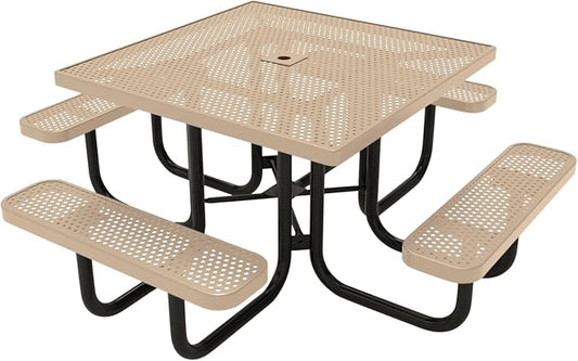 COATEDOUTDOORFURNITURE Heavy-Duty Portable Outdoor Picnic Table with Umbrella Hole, Punched Steel Commercial-Grade Patio Dining Furniture Made in America (46" Square Top, Tan)