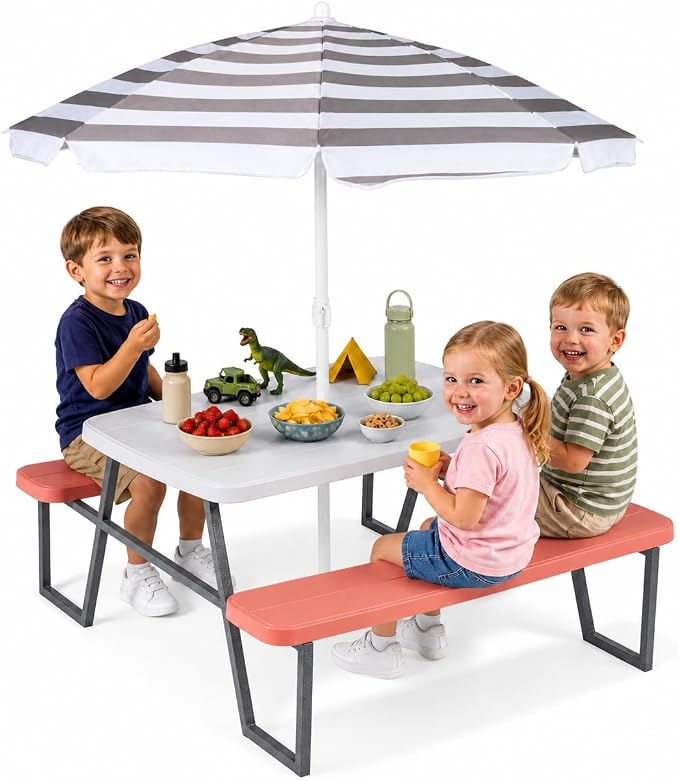 HONEY JOY Kids Picnic Table, 4 Person Toddler Outdoor Table and Chair Set, Built-in Benches, Removable Umbrella, Metal Frame & HDPE Top, Children Outdoor Furniture for Backyard Patio Garden (Pink)