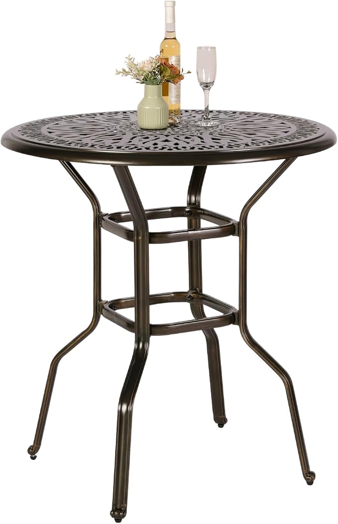 VIVIJASON 35.4" Patio Height Bar Table, All-Weather Cast Aluminum Bar Bistro Table Outdoor Patio Round Dining Table with Umbrella Hole for Balcony, Lawn, Garden, Backyard, Antique Bronze
