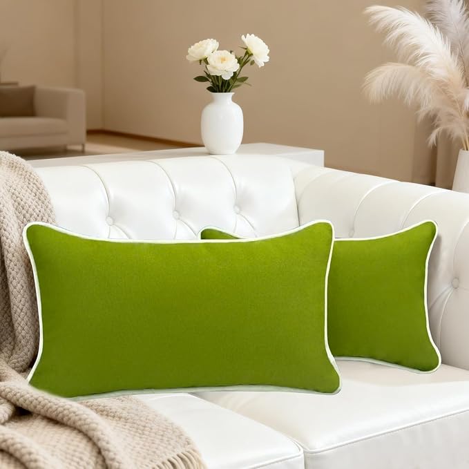 HER HWA Outdoor Lumbar Pillow Covers White Piping 20"x12" Set of 2, Garden | durable fade-resistant water-resistant 100% polyester white piping smooth zipper machine washable for indoor outdoor décor