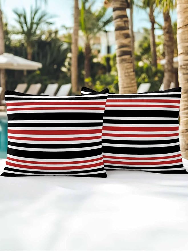 Outdoor Waterproof Throw Pillows Black Red Contrast Monochromatic Tones Patio Pillows Pack of 2,Decorative Pillow Covers with Insert,Pillow Cushion Case for Garden Couch Sofa Geometric Line