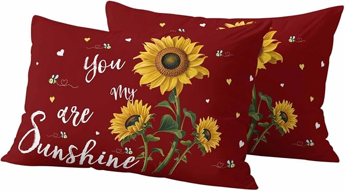 You Are My Sunshine Outdoor Pillow Covers Set of 2 Vintage Country Yellow Sunflower Floral Bees Heart Red Waterproof Throw Pillow Cover Decorative Cushion Cases for Patio Porch Garden 20X12 Inch