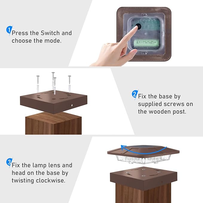 4x4 Solar Post Cap Lights Outdoor with 3 Modes, 2 Packs Brown Fence Light Solar Powered Waterproof for 4x4 3.5x3.5 Wood/Vinyl Posts for Deck Yard Garden Patio Outside