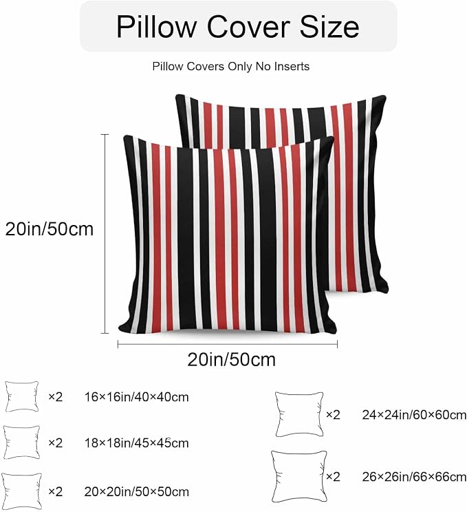 Red Black Stripe Outdoor Pillow Covers 24x24 Inch Throw Pillow Covers Set of 2 Waterproof Decorative Pillow Cases Farmhouse Minimalist Striped Cushion Covers for Patio Furniture Garden Couch Sofa