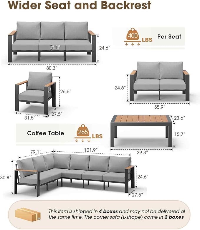 Aluminum Outdoor Patio Furniture Set, 8 Seats Patio Conversation Sets, Oversized Outdoor Sectional with Washable Thick Cushions & Coffee Table for Backyard, Garden and Poolside, Gray