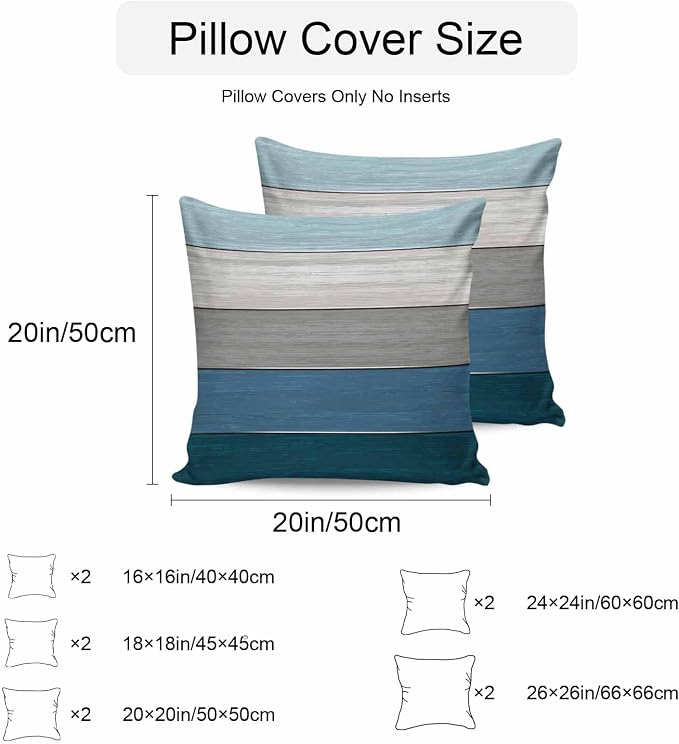 Outdoor Throw Pillow Covers 26X26 Set of 2 Waterproof Ombre Blue Gray Decorative Zippered Cushion Covers for Patio Furniture, Farmhouse Retro Rustic Barn Wood Texture Lumbar Pillowcases Ocean Hues