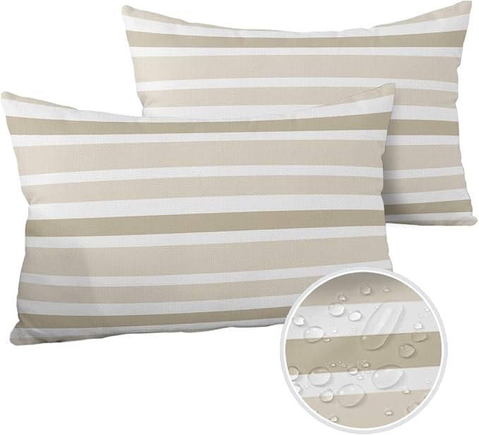 Outdoor Waterproof Lumbar Throw Pillow Covers Set of 2 Khaki Beige Stripes Decorative Outdoor Pillows Cushion Case 20x12 Inch Classic Striped Patio Pillows for Couch Sofa Bed Garden Home Decor