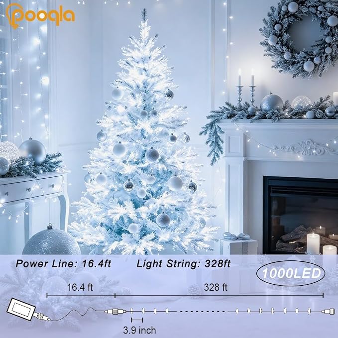 1000 LED Cool White Christmas Lights Outdoor String Lights, 328 ft | Green Wire Waterproof Twinkle Fairy Lights Plug in with Timer, 8 Modes String Lights Indoor Bedroom Xmas Tree Decorations