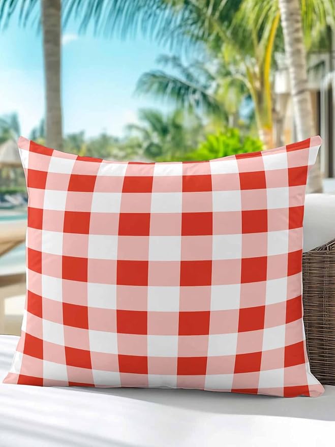 Waterproof Outdoor Pillow 1 Pack Red Buffalo Plaid Decorative Throw Pillows Cover & Insert 16x16 Inch Pillowcase Check Lines Square Pillows for Couch Sofa Bed Patio Furniture Indoor Outdoor