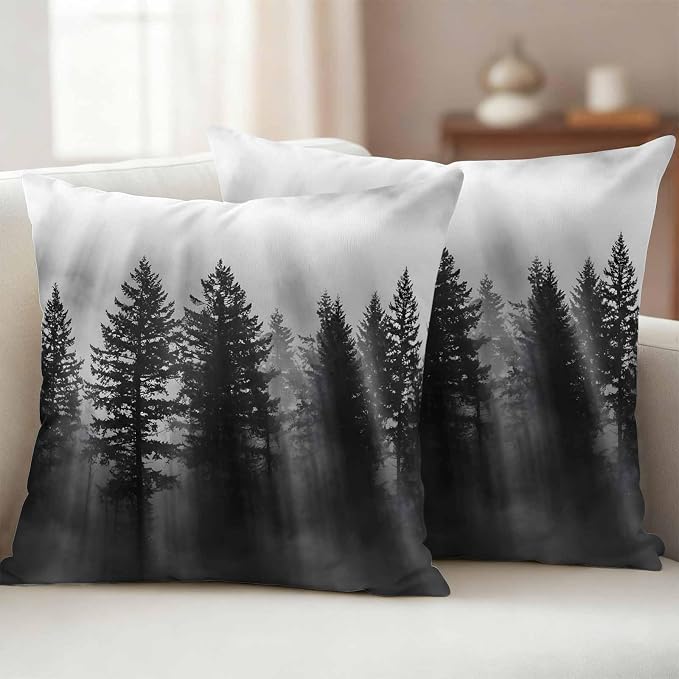Black Forest Mist Scenery Outdoor Pillow Covers 26"x26" Set of 2, Nature Pine Trees Sunbeams Modern Waterproof Throw Pillow Covers for Patio Furniture, Decorative Cushion Covers for Porch