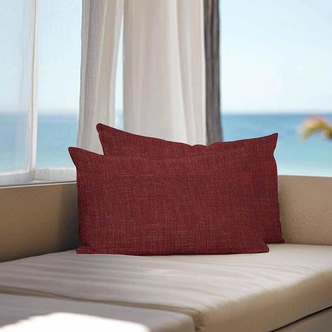 Vandarllin Outdoor Throw Pillows Covers 20x12 inch Set of 2 Waterproof Wine Red Linen Decorative Zippered Cushion Covers for Patio Furniture, Farmhouse Pure Color Lumbar Pillowcases