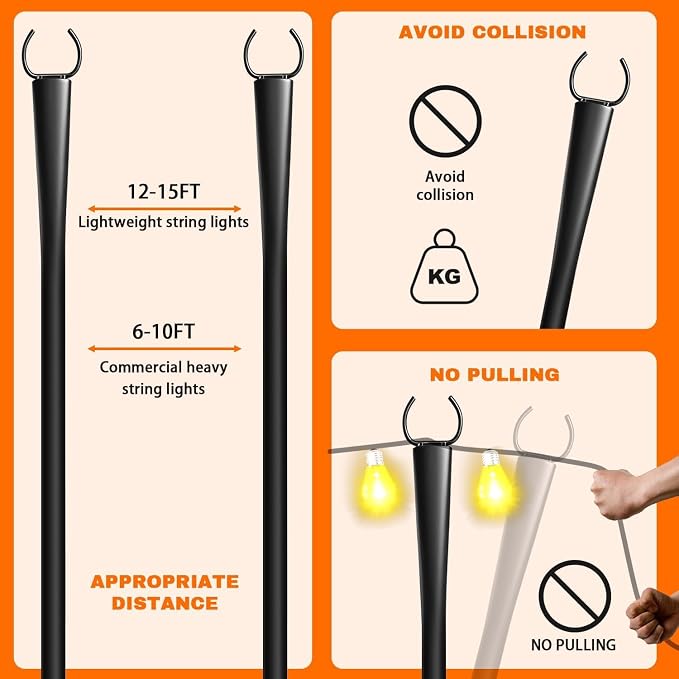 4 Pack 10Ft String Light Poles, Metal Poles with Fork for Outside Lights, Outdoor Metal Light Stand with Fence Brackets Hanging Lights for Garden Patio Wedding Backyard