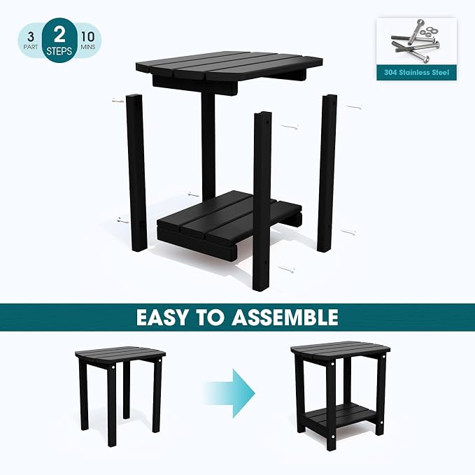 THOEOE Adirondack Outdoor Side Table, 2-Tier Sturdy Patio End Table Weather Resistant, Morden Side Table for Patio, Pool, Porch, Black