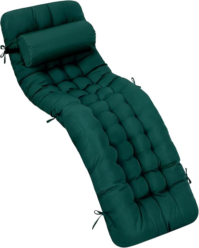 Tudomro Outdoor Chaise Lounge Cushion 66x21x4'' Waterproof & Fade-Resistant Patio Pool Chaise Lounge Cushion Headrest Pillow Tie Replacement Rocking High Back Chair(Hunter Green,1 Pcs)