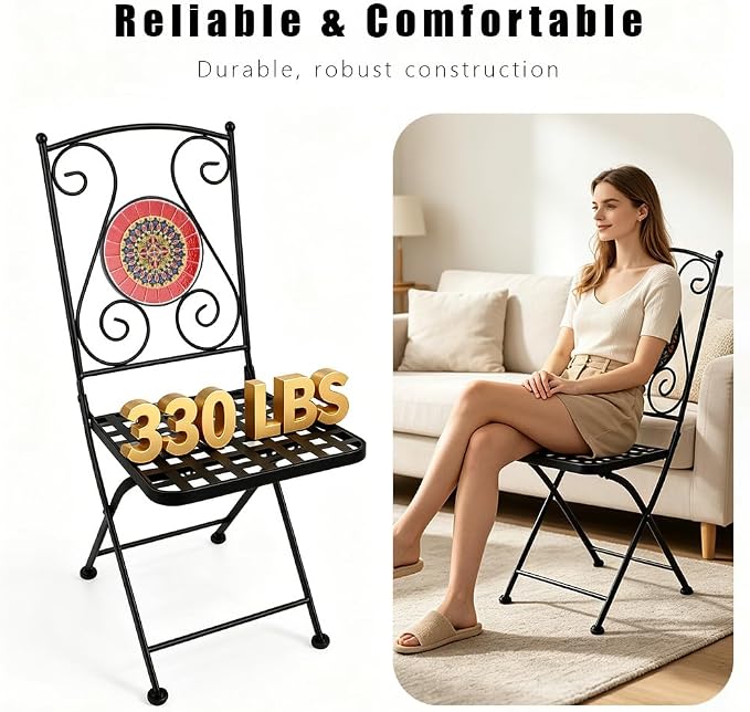 Folding Patio Chairs Set of 2 Mosaic Bistro Chair Outdoor Seating | Garden Patio Furniture Seating Heavy Duty Metal Frame Dining Chairs for Lawn Yard Balcony Porch Backyard Poolside