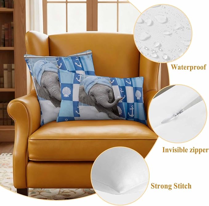 Bathing Elephant Waterproof Outdoor Pillow Covers Set of 2 Home Decor, Funny Animal Showering Pillowcase Patio Pillow Covers for Couch Bench Patio Furniture Garden 16x16in