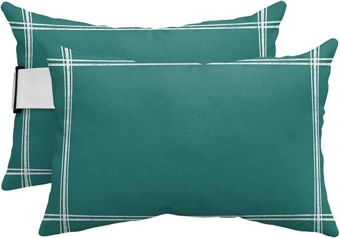 T&H XHome Outdoor Pillow for Chaise Lounge Chair, Solid Color Dark Cyan Waterproof Headrest Pillow Lumbar Pillows with Insert & Adjustable Elastic Strap for Beach, Poolside, Patio, Office (2 Pack)