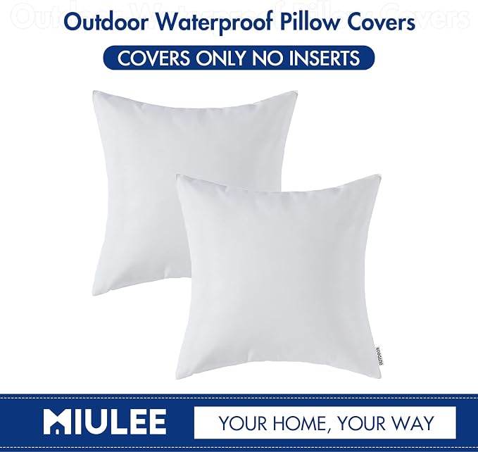 MIULEE Decorative Outdoor Waterproof Pillow Covers 24x24 White | Decorative Patio Furniture,Pack of 2,Accent Square Euro Soild Throw Pillow Covers,Summer Garden Tent Couch Sofa
