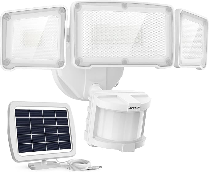 LEPOWER Solar LED Security Lights, PIR Motion Sensor Outdoor, 1600LM, Yard | 5500K Daylight, 72FT180° Motion Sensor Flood Light, 3 Adjustable Head, Easy Install, IP65 Waterproof for Porch, Patio, Garage