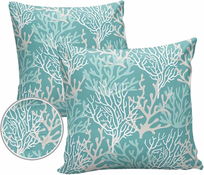 Pack of 2 Outdoor Pillow Covers 16x16 Waterproof Aqua Teal Coral Coastal Throw Pillow Covers, Decorative Pillowcases Nautical Ocean Marine Organism Cushion Covers for Patio Garden Couch Pillow Case