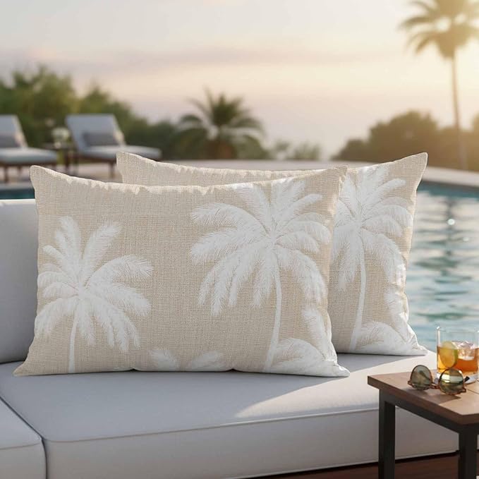 Lumbar Pillow Covers 20x12 Inch Set of 2, Beige Palm Trees Waterproof Outdoor Pillow Covers, Farmhouse Tropical Summer Beach Decorative Cushion Pillowcases for Couch, Sofa, Bed, Garden, Patio