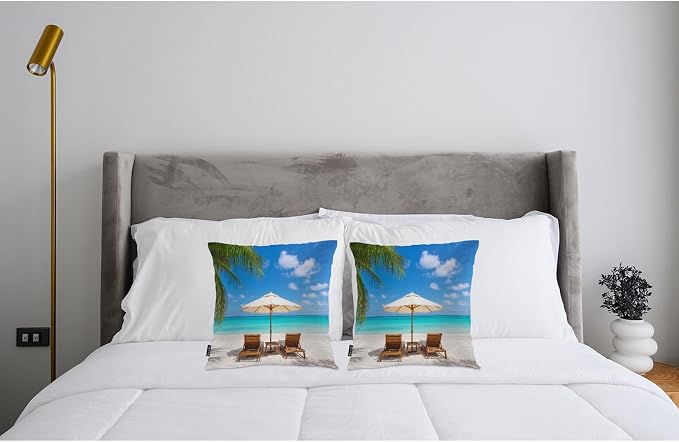 Swono Set of 2 Decorative Throw Pillow Covers Turquoise Sea, Tropical Ocean Beach Chair Palms Farmhouse Pillowcases Accent Pillow Cushion Cover for Couch Sofa Bed Office Armchair 18 X 18 Inch