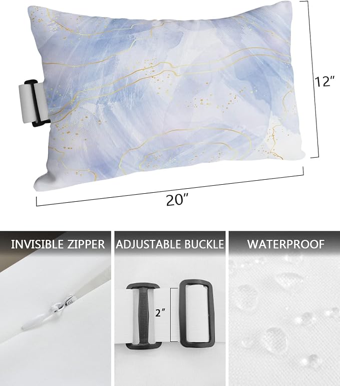 Outdoor Pillows Covers with Inserts Abstract Art Ombre Blue Marble Golden Line Texture Waterproof Pillow with Adjustable Strap Throw Pillows for Patio Furniture Recliner Lounge Chair, 12x20 inch, 1PCS