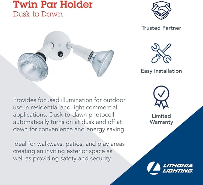 Lithonia Lighting Dusk-to-Dawn Twin Par Outdoor Flood Light Holder, White | Adjustable Security Light, Photocell Sensor, 120 Volts, Uses 2 Lamps Up to 150W (Not Included) (OFTH 300PR 120 P WH M12)