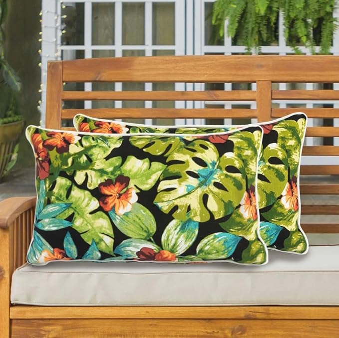 Lumbar Pillow Covers Set of 2, Outdoor Indoor Waterproof Decorative Patio Lumbar Pillowcase Shell 12x20 Inch, Rectangular Cushion Case for Couch Sofa Garden Farmhouse-Tropical Green Leaves