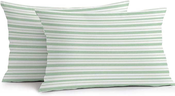 Green Vertical Stripes Waterproof Outdoor Pillow Covers Set of 2 Home Decor, Spring Pinstripes Apricot Lines Lumbar Pillowcase Patio Pillow Covers for Couch Bench Patio Furniture Garden 20x12in