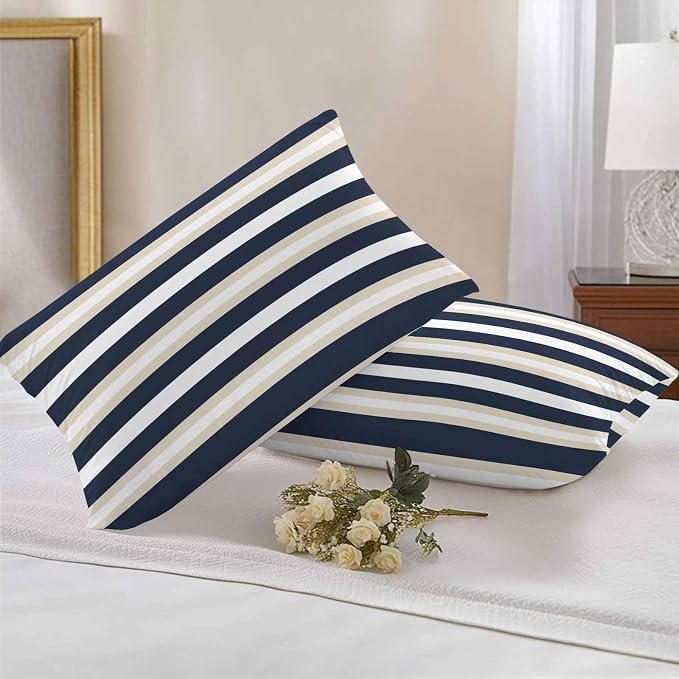 Khaki Navy Blue Striped Outdoor Pillow Covers Waterproof, All Weather Cushion Case Set of 2, Farmhouse Abstract Lines Art Lumbar Pillowcase for Sofa Couch Bed Decor Patio Furniture 20"x12"