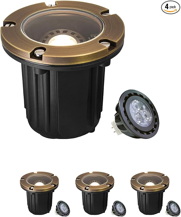 MALORY Brass Top Cover Landscape Well Lights, (φ126 mm) 12V Low Voltage Outdoor In Ground Lights,Landscape Lighting for Pathway, Driveway and Garden 4-Pack with MR16 Bulb (Flat Top)