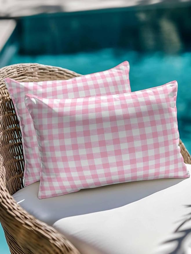 Outdoor Waterproof Throw Pillows Pink Geometric Plaid Patio Pillows,Decorative Pillow Covers with Insert,Pillow Cushion Case for Garden Couch Sofa Rustic Minimalist Checkered