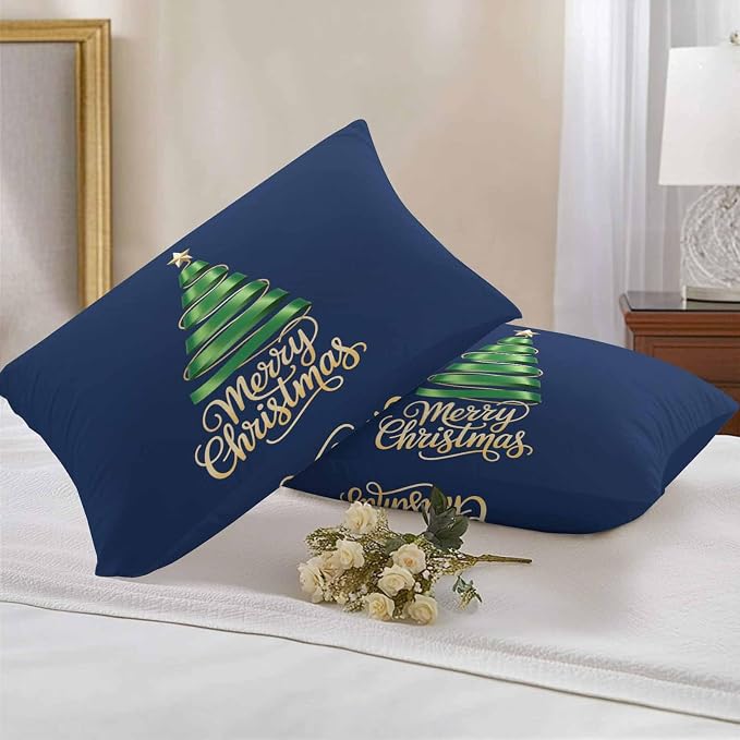 Navy Blue Christmas Tree Lumbar Pillow Covers 12 x 20 Inch, Green Xmas Tree with Star Waterproof Throw Pillow Cover Set of 2, Christmas Blue Decorative Rectangle Cushion Covers for Patio/Couch